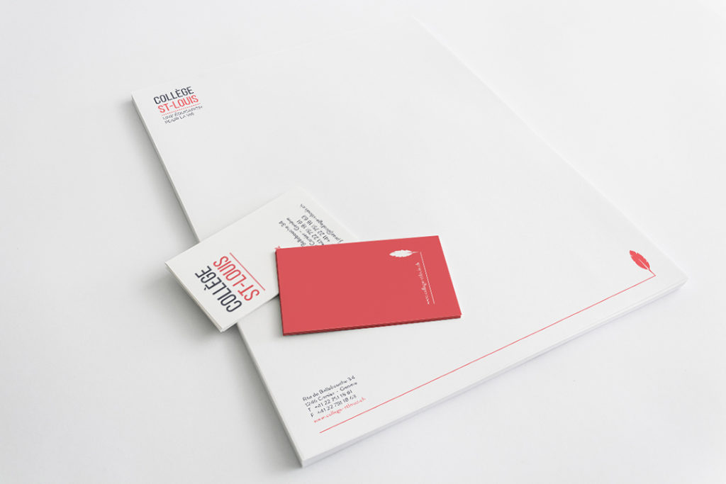 Refonte de l’identité visuelle du Collège St-Louis, école privée à Genève. Déclinaison de tout les supports, ici la papeterie