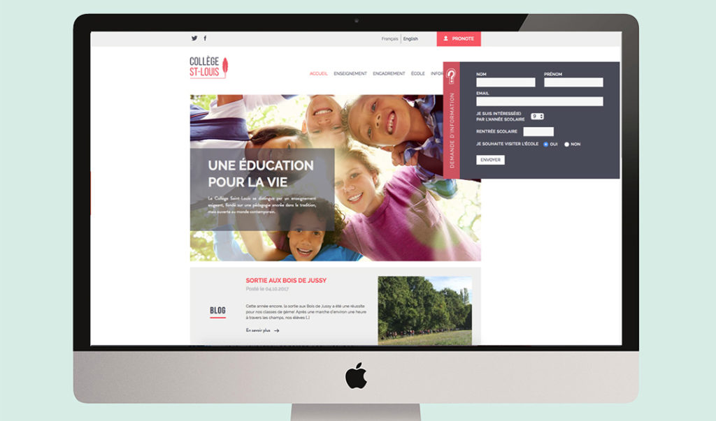 Refonte de l’identité visuelle du Collège St-Louis, école privée à Genève. Déclinaison de tout les supports, même le site web