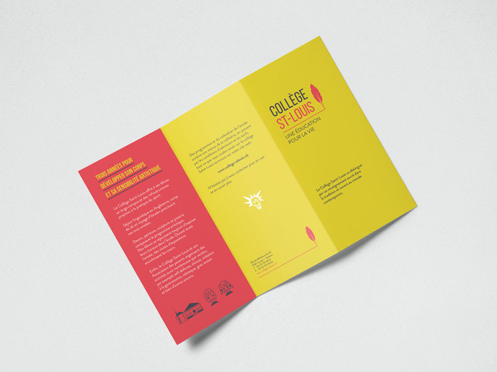 Refonte de l’identité visuelle du Collège St-Louis, école privée à Genève. Déclinaison de tout les supports, ici le depliant