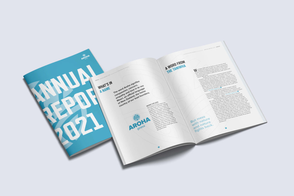 Création d’une identité visuelle moderne pour Aroha, ONG indépendante basée à Genève.