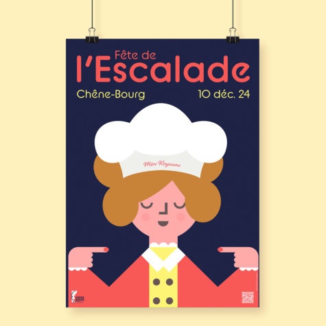 Affiche festive illustrant la Mère Royaume, héroïne emblématique de la légende genevoise. Conçue par Blou Design