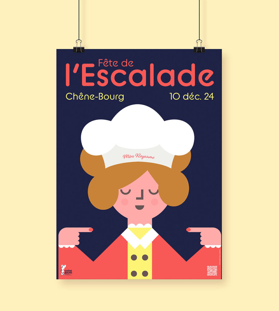 Affiche festive illustrant la Mère Royaume, héroïne emblématique de la légende genevoise. Conçue par Blou Design