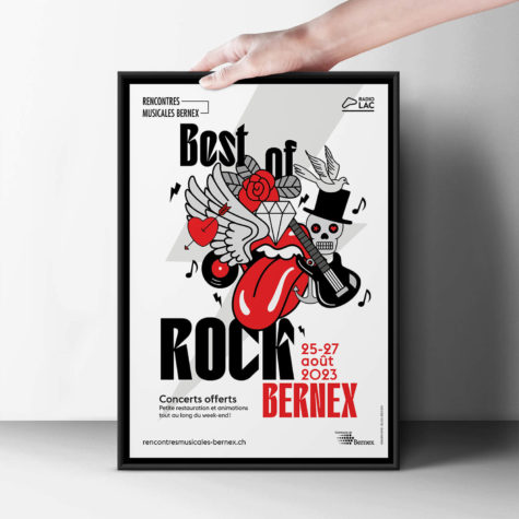 Branding événementiel rock’n roll avec identité visuelle unique et impactante. Rencontres musicales, le flyer.