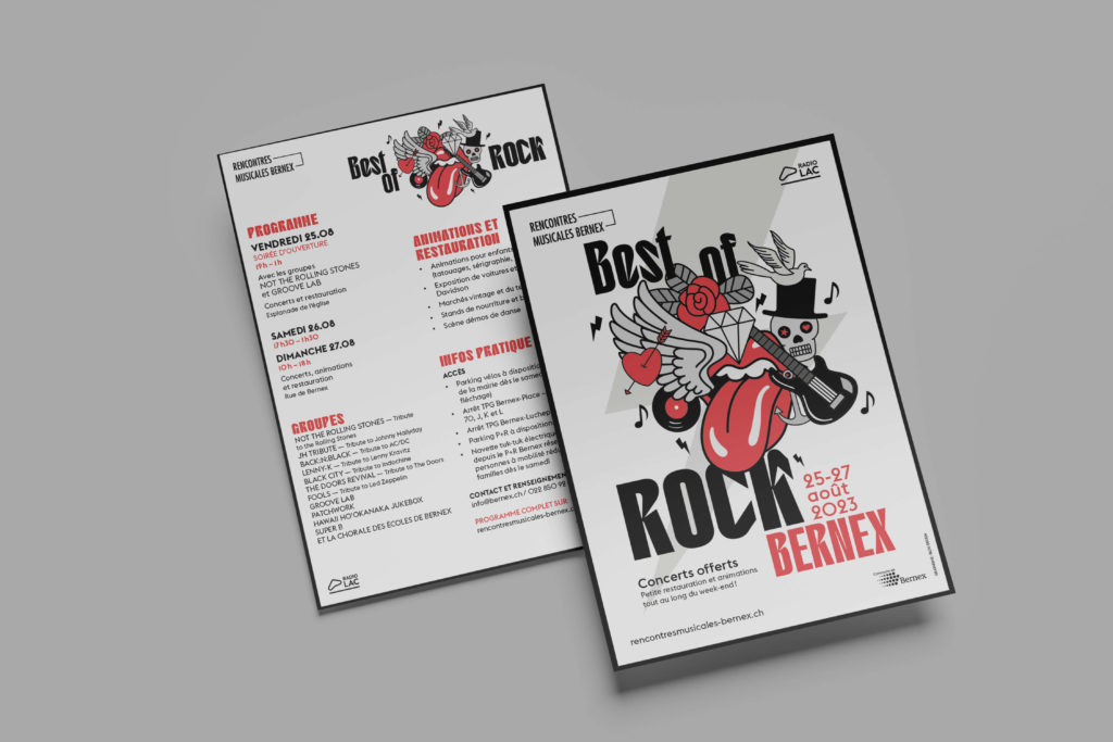 Branding événementiel rock’n roll avec identité visuelle unique et impactante. Rencontres musicales, le flyer.