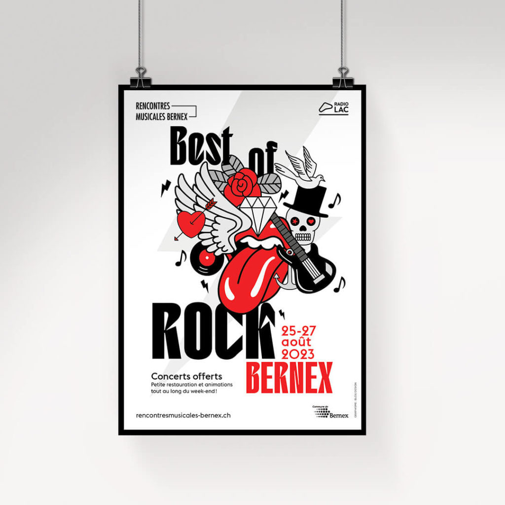 Affiches des Rencontres musicales de Bernex, édition 2023, sur le thème du Rock'n roll, réalisée par Blou Design