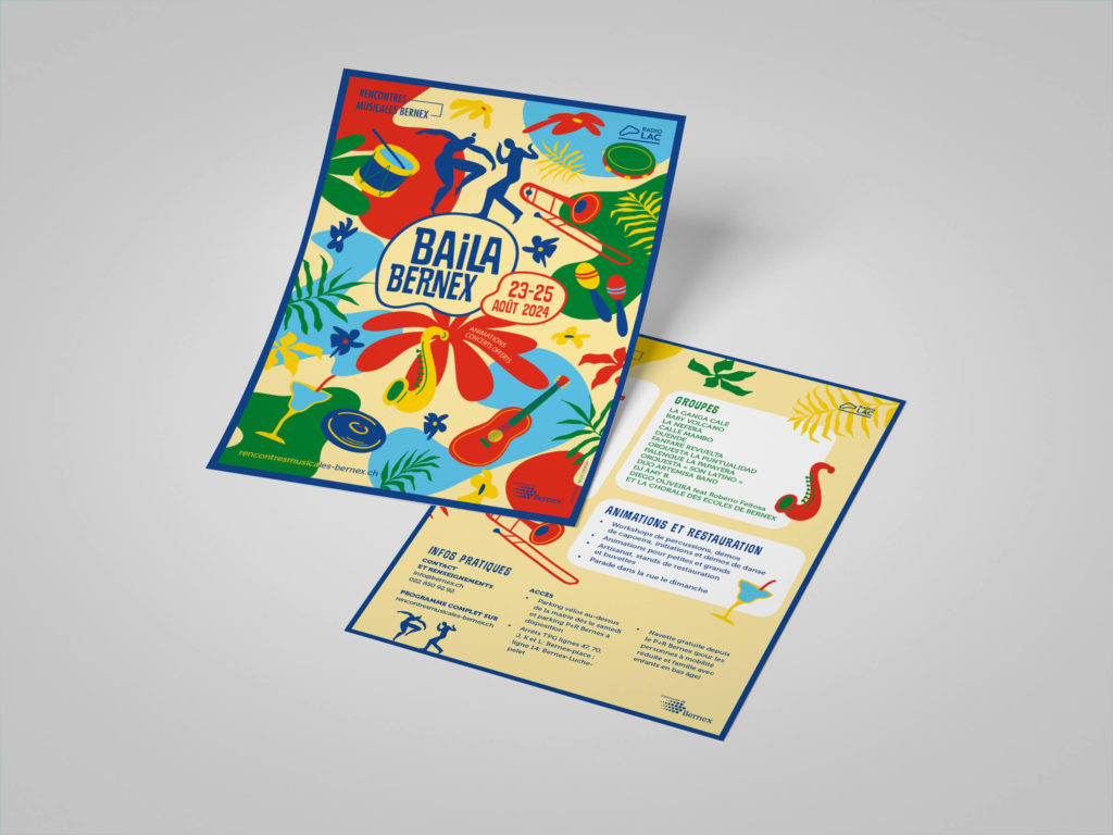 Branding événementiel avec identité visuelle vibrante inspirée des rythmes latins et de l’ambiance festive. Ici le flyer.