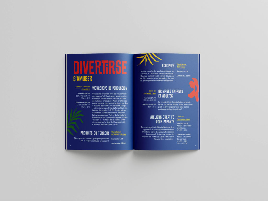 Branding événementiel avec identité visuelle vibrante inspirée des rythmes latins et de l’ambiance festive. Ici le programme.