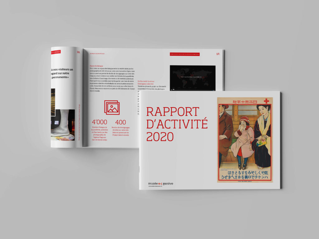Rapport annuel 2020-2021 du Musée de la Croix-Rouge à Genève avec design print, digital et infographies.