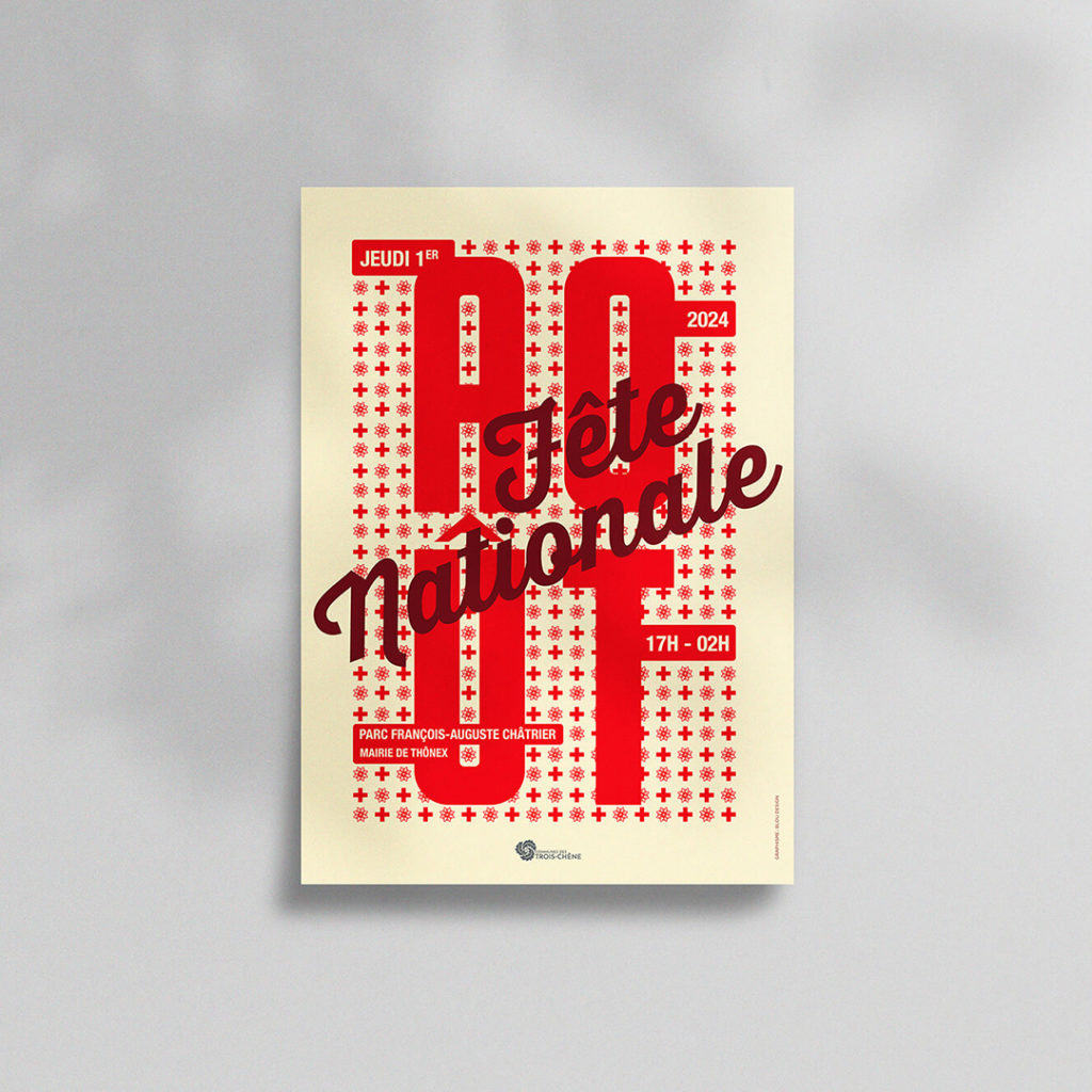 Affiche graphique moderne avec typographie et couleurs suisses pour célébrer la fête nationale du 1er août.