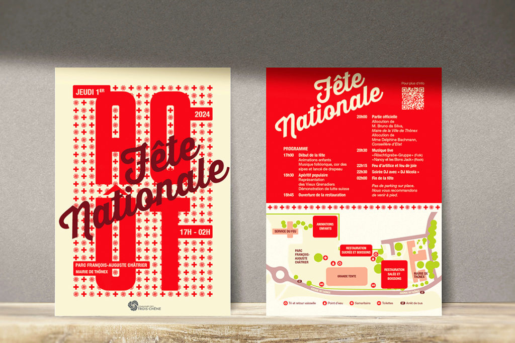 une identité graphique moderne avec typographie et couleurs suisses pour célébrer la fête nationale du 1er août. Ici le flyer avec plan