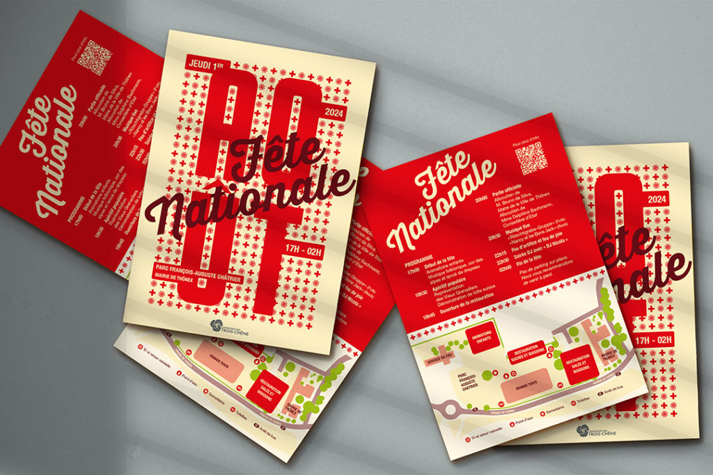 une identité graphique moderne avec typographie et couleurs suisses pour célébrer la fête nationale du 1er août. Ici le flyer avec plan.