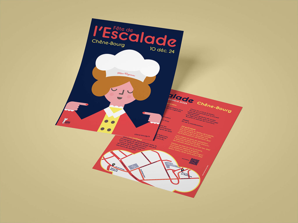 Un flyer festif illustrant la Mère Royaume, héroïne emblématique de la légende genevoise.