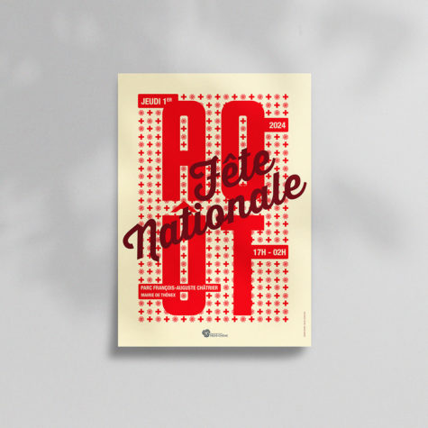 Affiche graphique moderne avec typographie et couleurs suisses pour célébrer la fête nationale du 1er août.