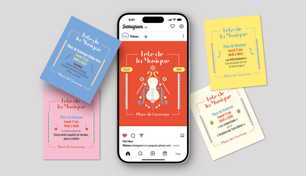 Sur Instagram, un carousel pour la fêtes de la musique 2023 pour Thônex rempli de la couleur et des infos utiles.