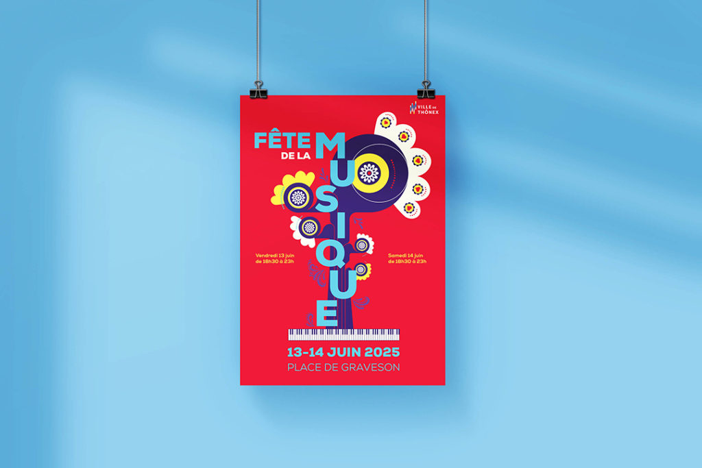 Identité visuelle créer pour la fêtes de la musique 2025 pour Thônex. Une affiche colorés et dans une ambiance festive du Día de los Muertos