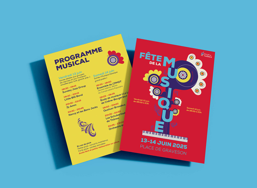 Identité visuelle créer pour la fêtes de la musique 2025 pour Thônex. un flyer colorés et dans une ambiance festive du Día de los Muertos