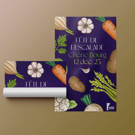 Affiche événementielle célébrant les légumes de la soupe de l’Escalade, plat emblématique aux recettes aussi variées que savoureuses. Une affiche qui sens bon l'hiver.