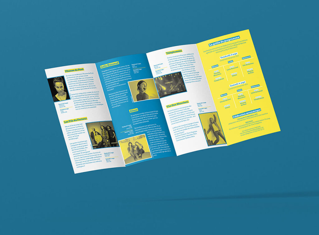Un dépliant vif et rythmé pour une édition spéciale du festival, imaginée malgré le contexte sanitaire, afin de célébrer la musique et retrouver la joie du public.