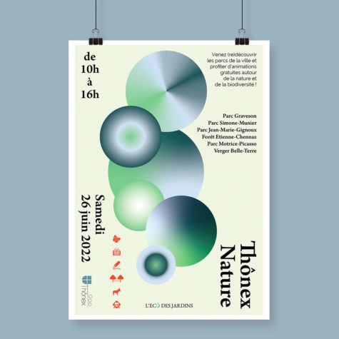 Affiche d’identité visuelle avec des bulles colorées symbolisant les parcs et la biodiversité entre ciel et herbe.