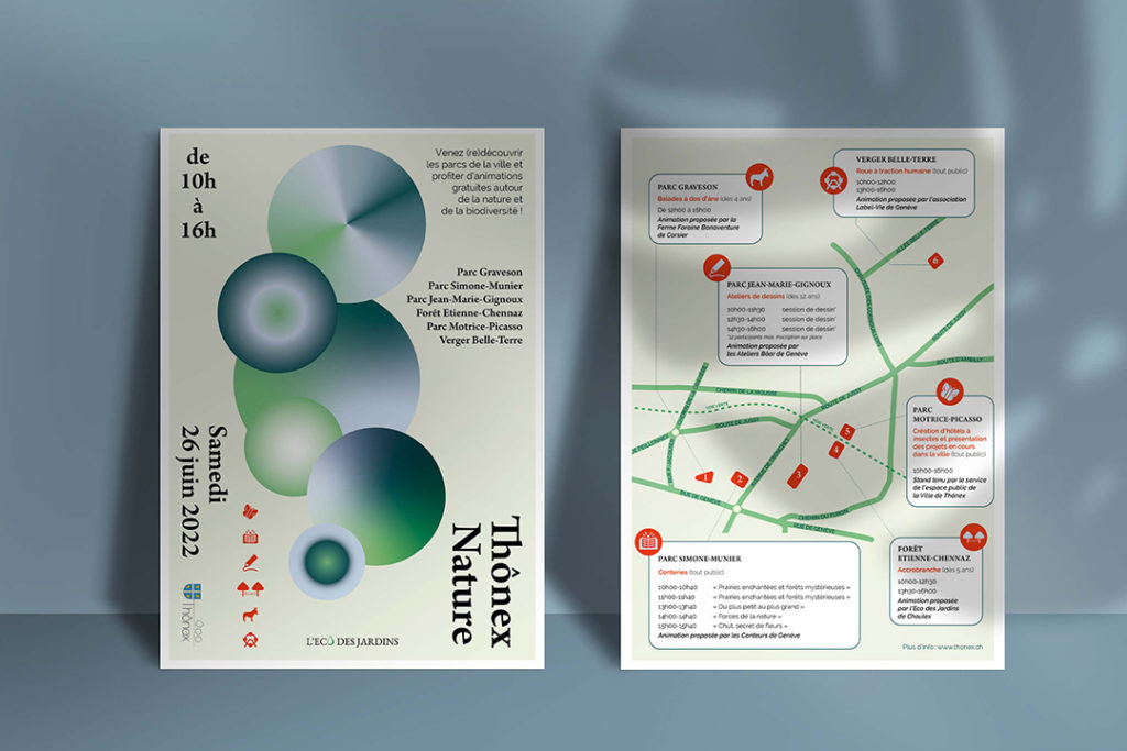 Affiche d’identité visuelle avec des bulles colorées symbolisant les parcs et la biodiversité entre ciel et herbe.