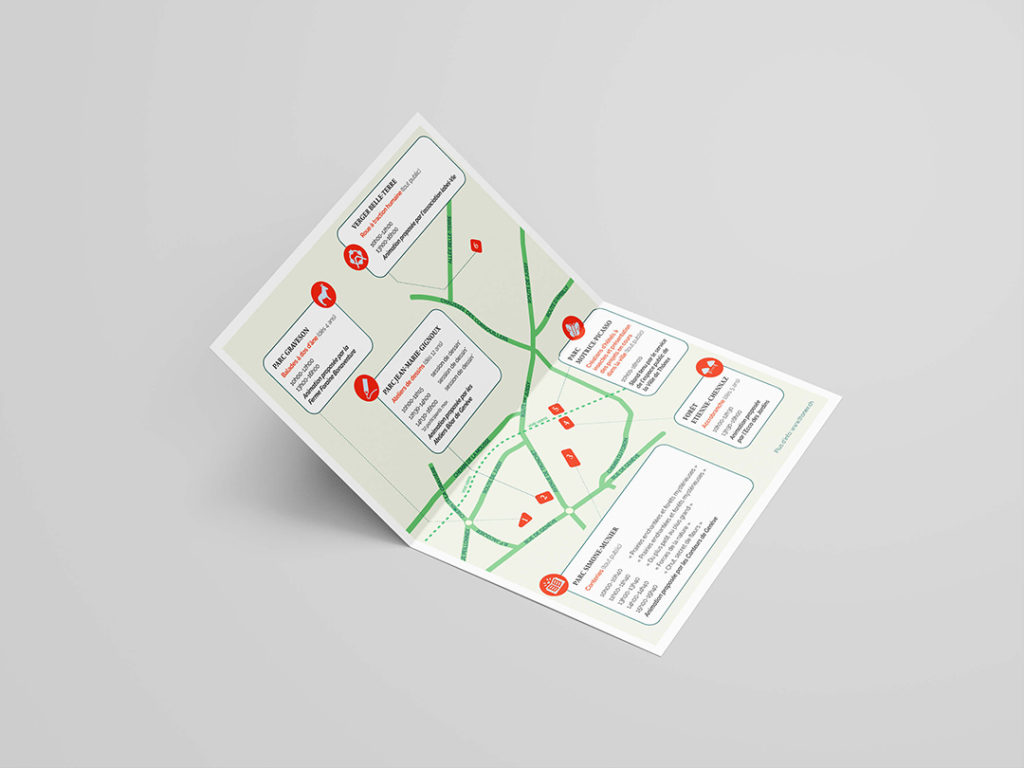 Flyer d’identité visuelle avec des bulles colorées symbolisant les parcs et la biodiversité entre ciel et herbe.