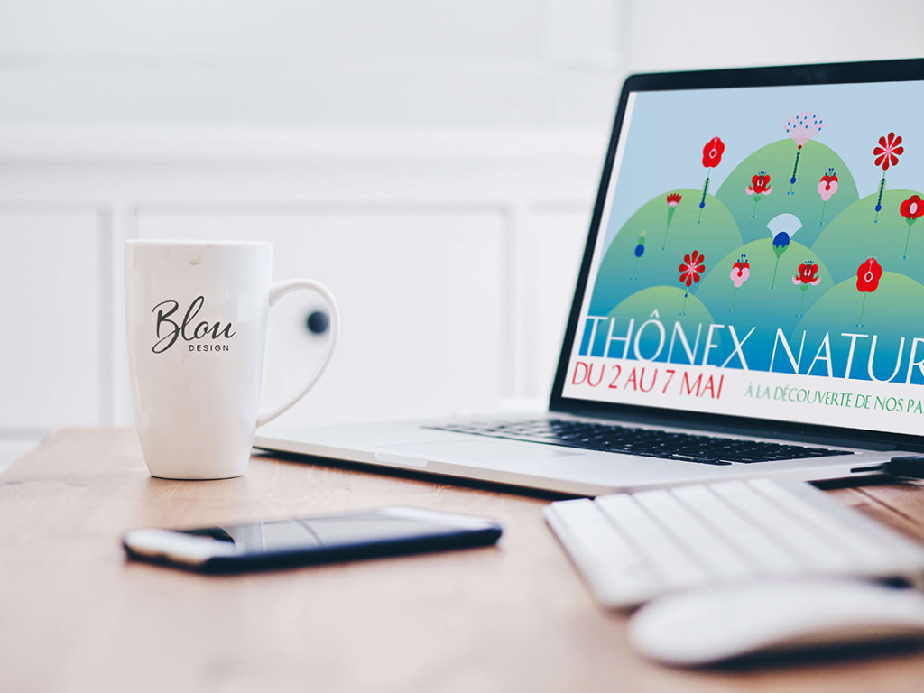 Identité visuelle avec des fleurs graphiques et colorées pour symboliser les parcs au printemps.