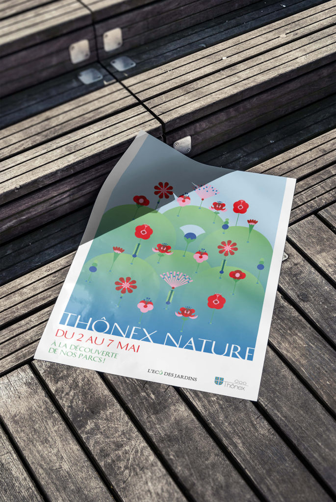 Identité visuelle avec des fleurs graphiques et colorées pour symboliser les parcs au printemps.