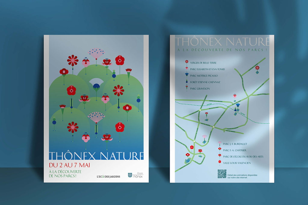 Identité visuelle avec des fleurs graphiques et colorées pour symboliser les parcs au printemps.