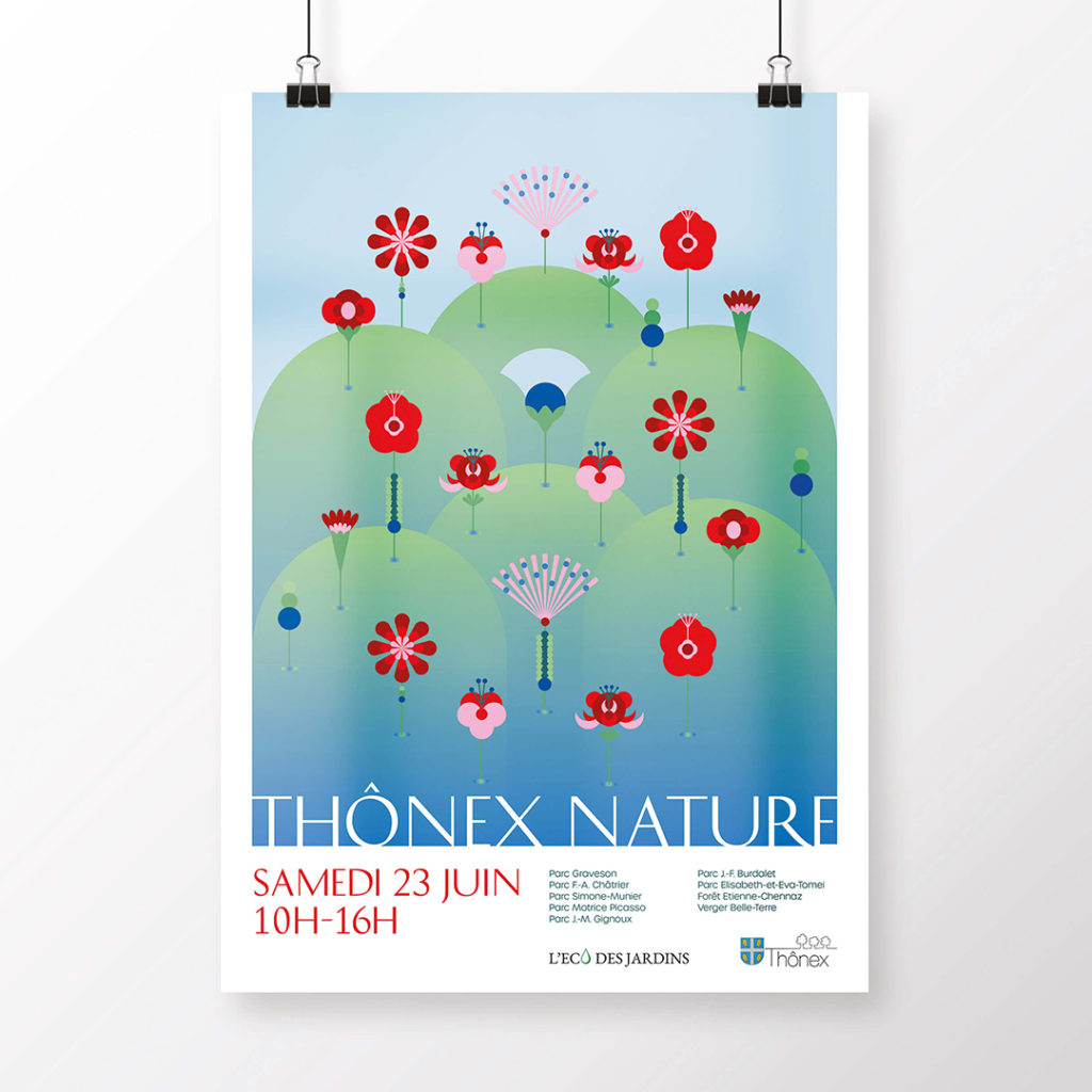 Une identité visuelle poétique, ornée de fleurs graphiques et colorées, invite les habitants à redécouvrir les parcs au fil d’un parcours printanier.