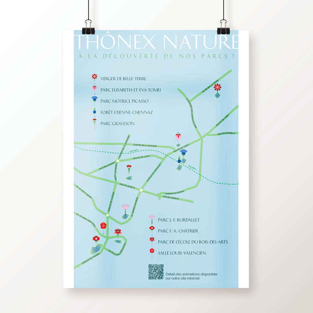 Identité visuelle avec des fleurs graphiques et colorées pour symboliser les parcs au printemps.