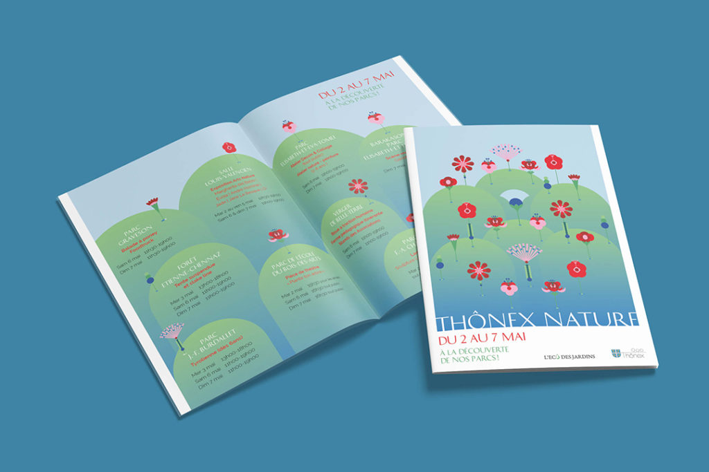 Identité visuelle avec des fleurs graphiques et colorées pour symboliser les parcs au printemps.