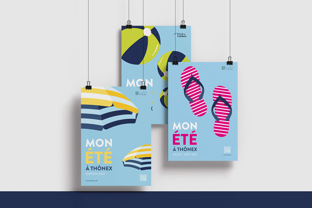 Trois saisons, trois objets inspirés de l’été : un parasol, des tongs et un ballon gonflable. On y ajoute les couleurs de la commune, ainsi qu’une touche de peps supplémentaire.