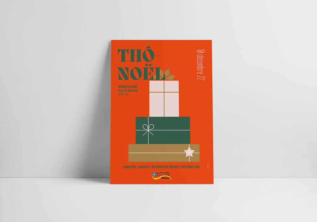 Affiche graphique représentant des cadeaux de Noël coloré, dans une série inspirée des symboles festifs.