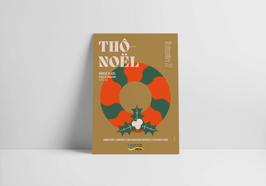 Affiche graphique représentant une couronne de Noël coloré, dans une série inspirée des symboles festifs.