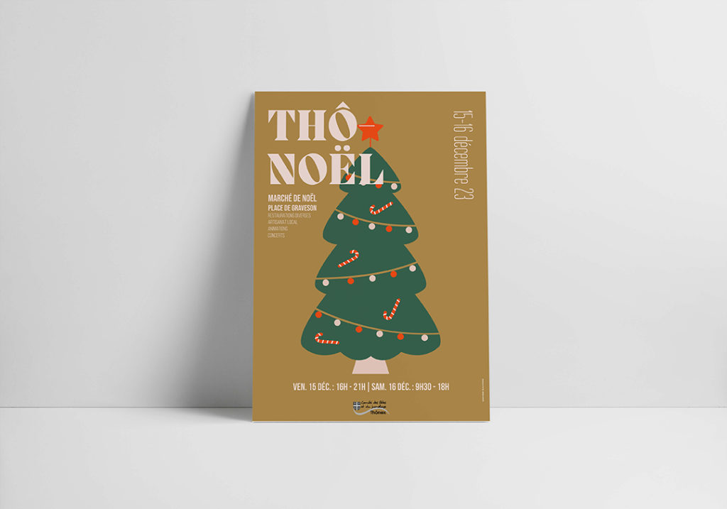 Affiche graphique représentant un sapin de Noël la tête dans le cheminée, coloré, dans une série inspirée des symboles festifs.
