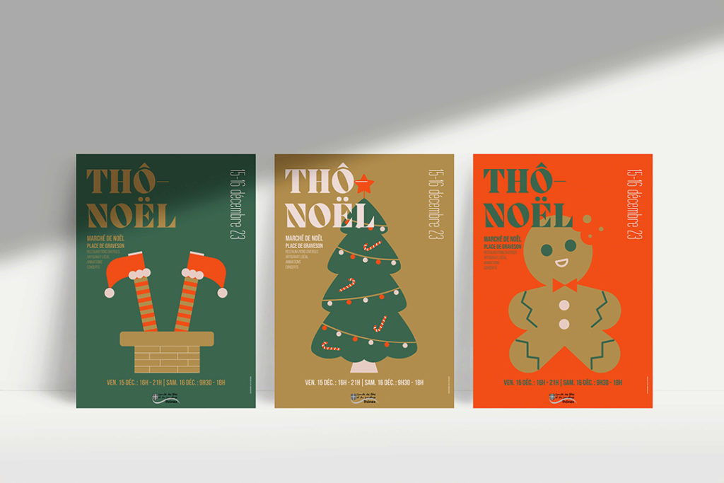 Une série d’affiches graphiques inspirées des symboles de Noël. Un système visuel modulable, décliné chaque année sur une base commune et festive. Ici nous avons le triptyque 2023