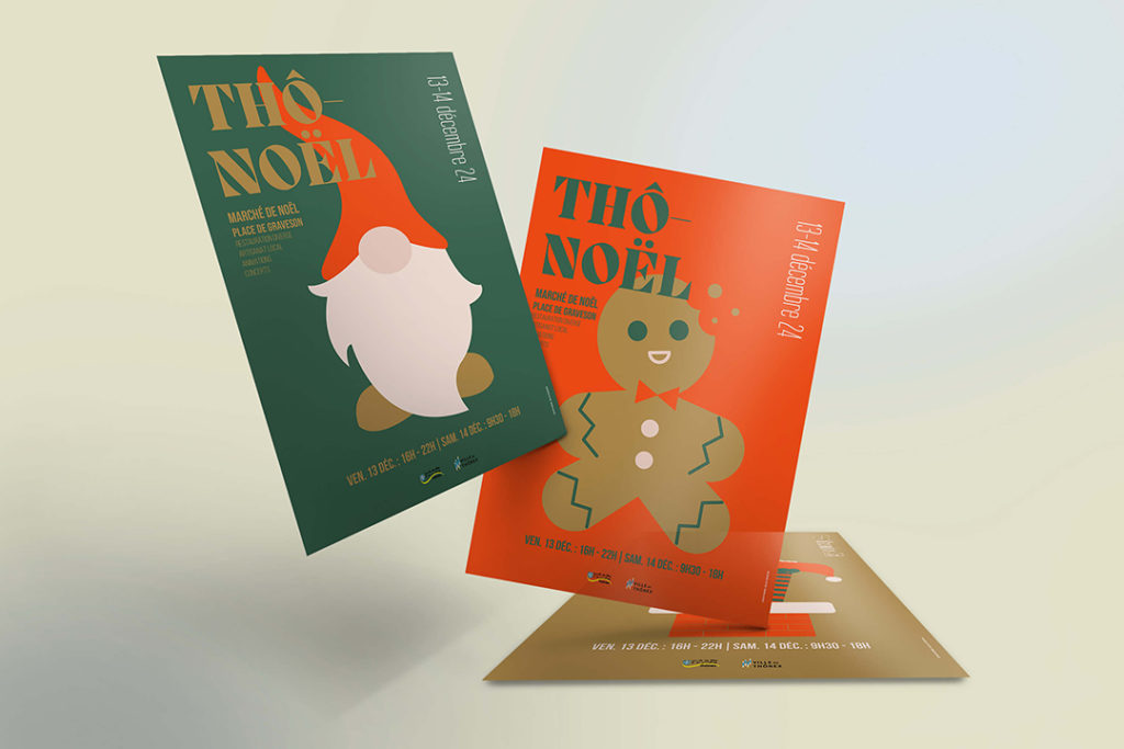 Une série d’affiches graphiques inspirées des symboles de Noël. Un système visuel modulable, décliné chaque année sur une base commune et festive. Ici nous avons le triptyque 2024