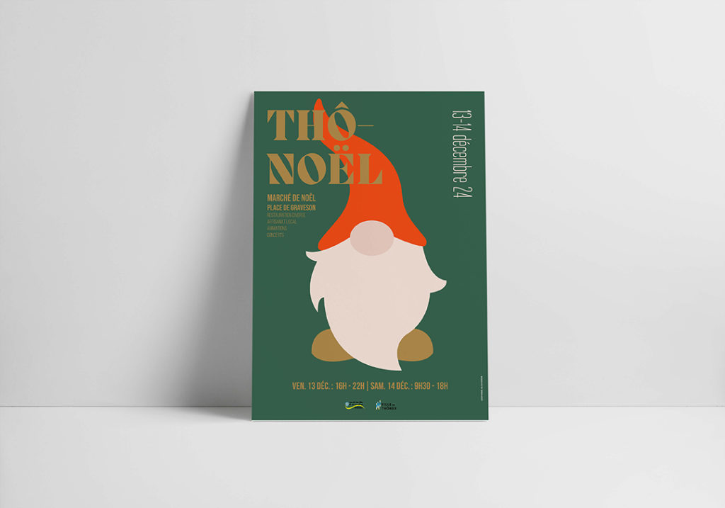 Affiche graphique représentant un lutin de Noël coloré, dans une série inspirée des symboles festifs.