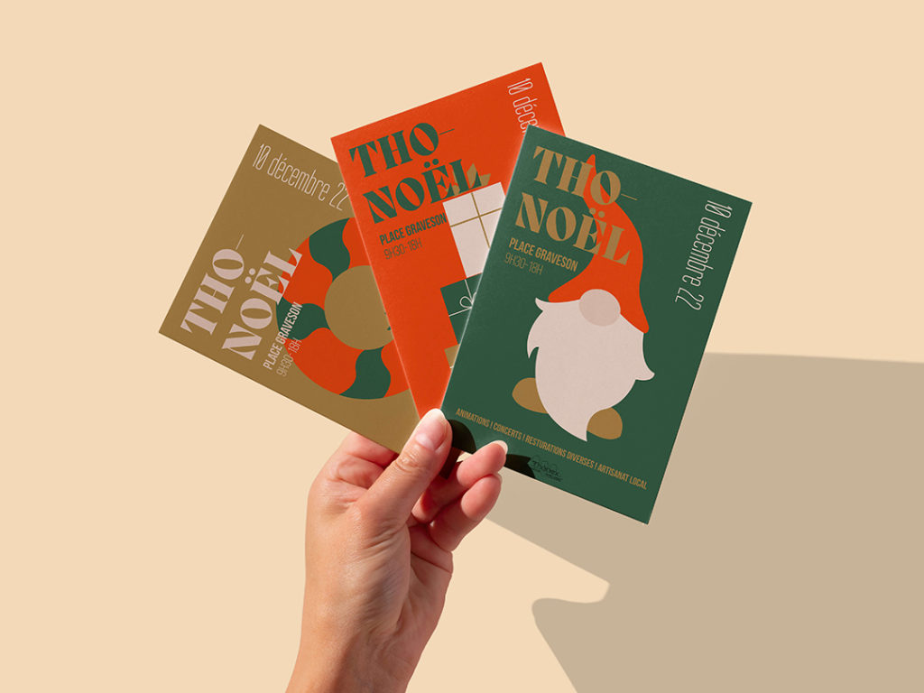 Une série d’affiches graphiques inspirées des symboles de Noël. Un système visuel modulable, décliné chaque année sur une base commune et festive. Ici nous avons le triptyque 2024 sous format de carte