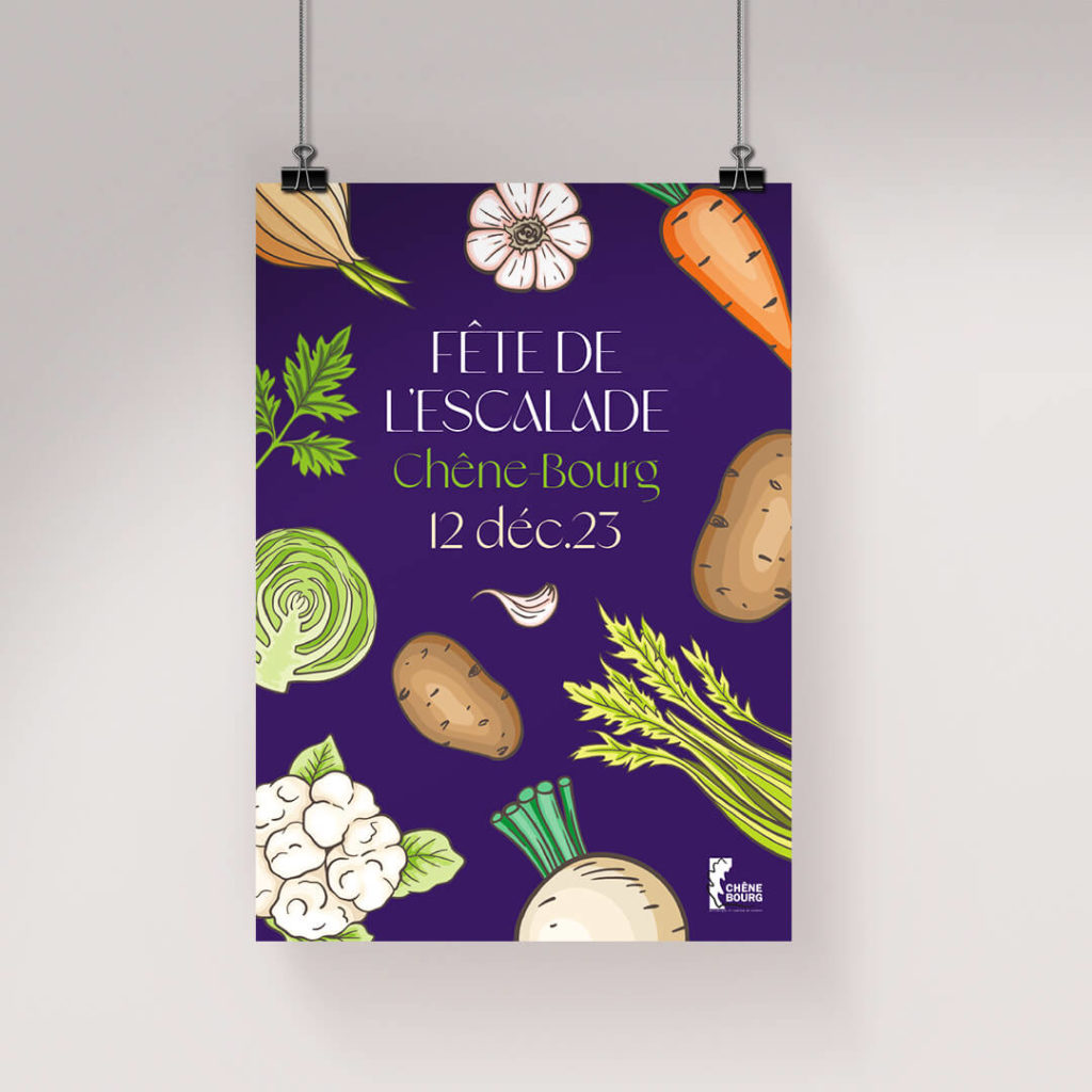 Affiche événementielle célébrant les légumes de la soupe de l’Escalade, plat emblématique aux recettes aussi variées que savoureuses. Et vous c'est quoi votre recette?