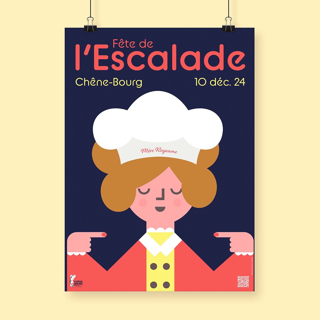 Affiche événementielle pour la Fête de l’Escalade 2025, qui met à l'honneur la Mère Royaume. Affiche réalisée par Blou Design