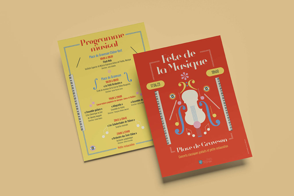 Une identité visuelle créé pour la fêtes de la musique 2023 pour Thônex. Un flyer aux dormes colorées, naviguant entre rigueur et légèreté et totalement déstructurée