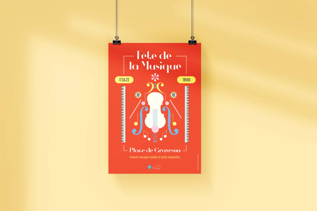 Une identité visuelle créé pour la fêtes de la musique 2023 pour Thônex. Une affiche qui transpose l’harmonie de la musique classique en formes colorées, entre rigueur et légèreté, et totalement déstructurée