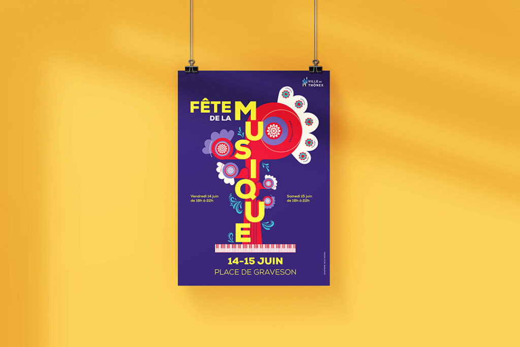 L'identité visuelle a été créé pour la fêtes de la musique 2025 pour Thônex. Une affiche colorés et dans une ambiance festive du Día de los Muertos. Créée par Blou Design