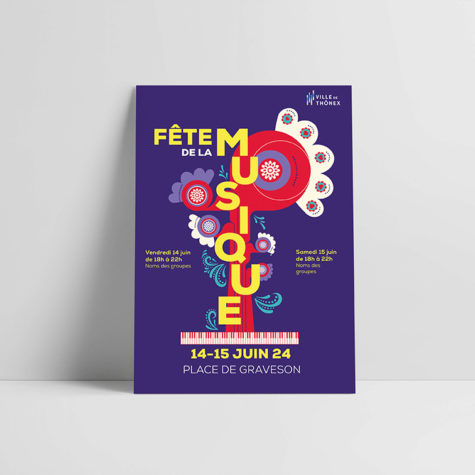 L'identité visuelle a été créé pour la fêtes de la musique 2024 pour Thônex. Une affiche colorés et dans une ambiance festive du Día de los Muertos