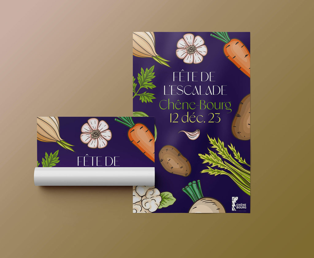 Affiche événementielle célébrant les légumes de la soupe de l’Escalade, plat emblématique aux recettes aussi variées que savoureuses. Une affiche qui sens bon l'hiver.