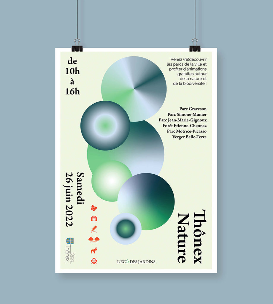 Affiche d’identité visuelle avec des bulles colorées symbolisant les parcs et la biodiversité entre ciel et herbe.