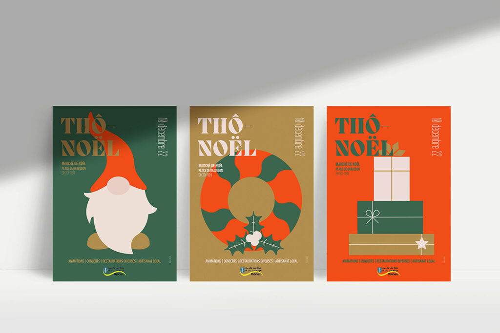 Une série d’affiches graphiques inspirées des symboles de Noël. Un système visuel modulable, décliné chaque année sur une base commune et festive. Ici nous avons le triptyque 2022