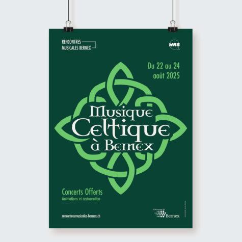 Affiche du festival Rencontres Musicales de Bernex 2025 conçue par Blou Design à Genève. Identité visuelle inspirée d'un noeud celtique, à l'ambiance verdoyante, déclinée sur les supports imprimés et digitaux du festival : affiche, programme, flyer et signalétique.