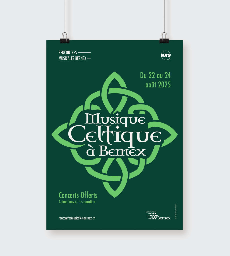 Affiche du festival Rencontres Musicales de Bernex 2025 conçue par Blou Design à Genève. Identité visuelle inspirée d'un noeud celtique, à l'ambiance verdoyante, déclinée sur les supports imprimés et digitaux du festival : affiche, programme, flyer et signalétique.